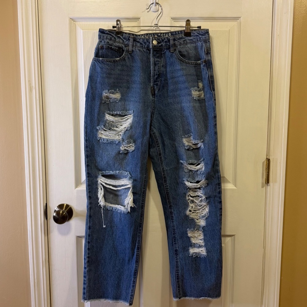 Vanilla Star 90s Boyfriend Jeans Womens 11 Medium Wash Distressed Button Fly Raw